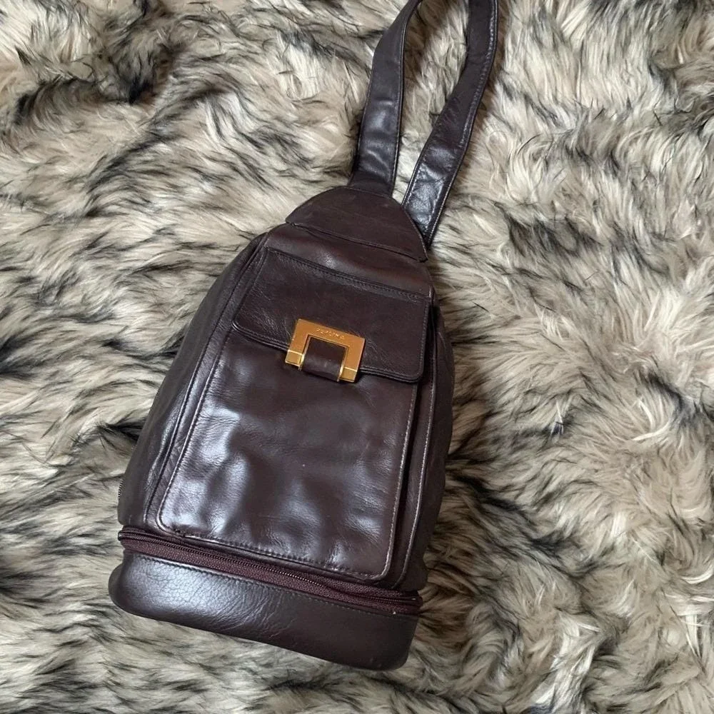 Perlina Sling Backpack Women OS Dark‎ Brown Good Leather Teardrop Gold purse